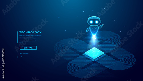 AI agent or robot flies over a brightly glowing abstract processor on a technology blue circuit board background. Digital chatbot character hologram takes off above microcircuit. Vector tech concept.