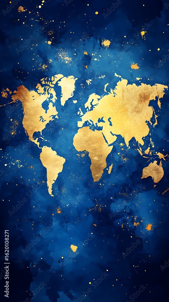 Fototapeta premium Gold World Map on Blue Watercolor Background