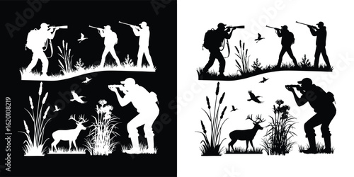 Silhouettes of hunters aiming their rifles at deer and birds in a natural landscape, capturing the essence of the outdoor sport and the thrill of the chase