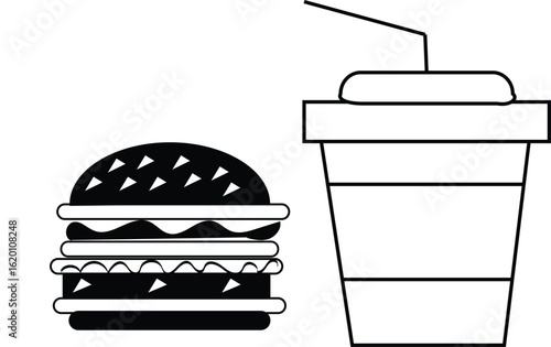 Hand Drawn Burger and beverage combination served in a casual dinning setting Useful for branding, menus, food packaging, logo 