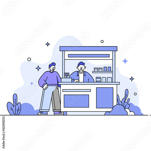 Small Business Owner and Customer Interaction at a Minimalist Kiosk