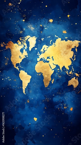 Gold World Map on Blue Watercolor Background