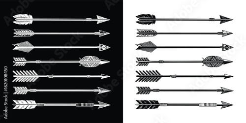 A set of tribal and vintage style arrows in a graphic design, showcasing different fletching and arrowhead designs in black and white