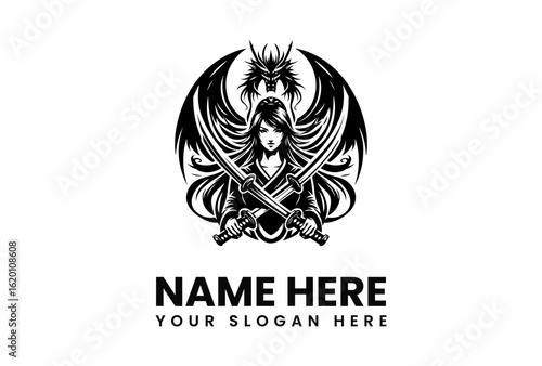 Dragonwinged warrior woman with crossed katanas poised and ready for battle.