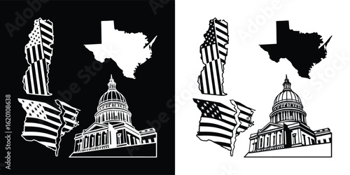 Collection of texas state symbols including the capitol building, the state outline, and the american flag, presented in both black and white versions for versatile design use