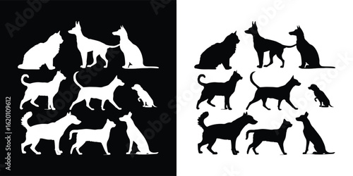 Diverse collection of dog and puppy silhouettes in different poses, showcasing various breeds and their loyal, playful nature, ideal for graphic design elements
