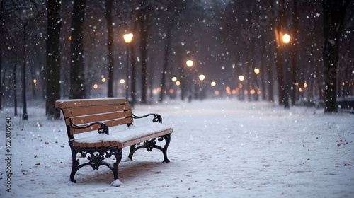 Snowy park bench under winter night