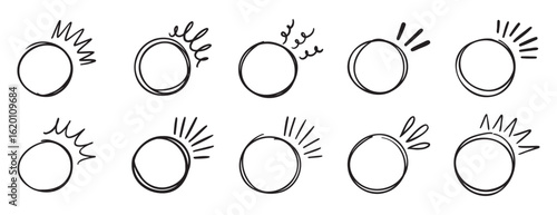 circle brackets doodle line for quotation set. sparkle ray elements. Hand drawn round frame for title or headline. Speech bubble blob circle for design
