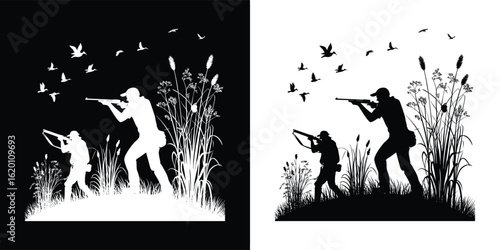 Two hunters with rifles aiming at flying birds in a marshy landscape with reeds and grass, depicted as a silhouette in black and white contrast
