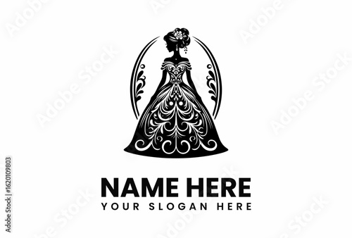 Elegant Silhouette of a Bride in Ornate Gown with Floral Hairpiece.