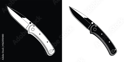 A sharp, folding pocket knife with a steel blade and detailed handle, presented in both black and white silhouettes, symbolizing utility and danger