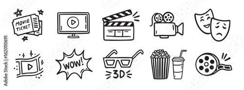 movie theater or cinema doodle hand drawn icon set. Outline drawing movie theater or cinema line clipart symbol collection