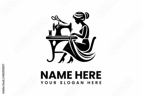 Elegant Silhouette of a Seamstress at her Sewing Machine.