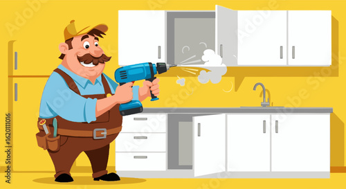 Cartoon handyman drilling kitchen cabinet with dust, wearing brown overalls
