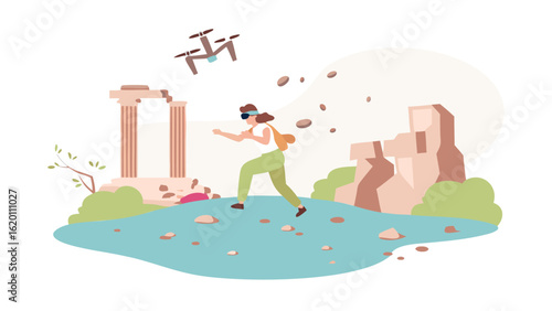 Woman with vr headset in ancient ruins with drone flying overhead and rocks falling down around her area