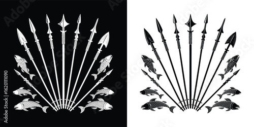 A striking arrangement of ancient spears and predatory sharks, presented in a bold black and white graphic style, evoking themes of hunting and the sea