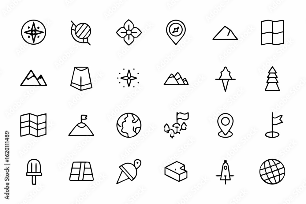Fototapeta premium A clean line art set featuring geographic and cartographic symbols in a modern abstract style — great for guides, explorers, and vector collections