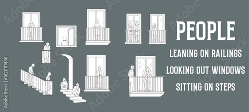 Minimal Line Vector Illustrations of People Leaning on Railings, Looking Out Windows, Sitting on Steps, and Standing on Balconies – Architectural Human Figures for Elevations and Sections
