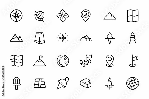 A clean line art set featuring geographic and cartographic symbols in a modern abstract style — great for guides, explorers, and vector collections