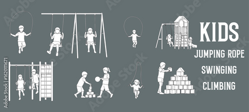 Minimal Line Vector Illustrations of Kids Jumping Rope, Swinging, Climbing, and Playing with Toys – Outline Children Figures for Architectural Drawings and Design