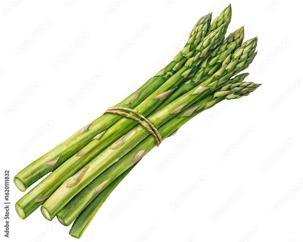 Fototapeta premium A Beautiful Watercolor Illustration of Fresh Green Asparagus Tied Together with Twine Depicting Healthy Eating and Organic Produce