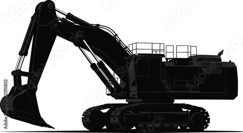 Heavy construction excavator black silhouette, industrial digger vector illustration, crawler machinery for mining, earthmoving, demolition, engineering work, isolated large equipment graphic