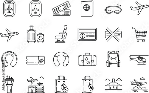 Airplane travel icons passport tickets luggage and transport, airplane, travel, icons, passport, tickets, luggage, transport, airport, helicopter, suitcase, backpack, airplane window, sleeping mask