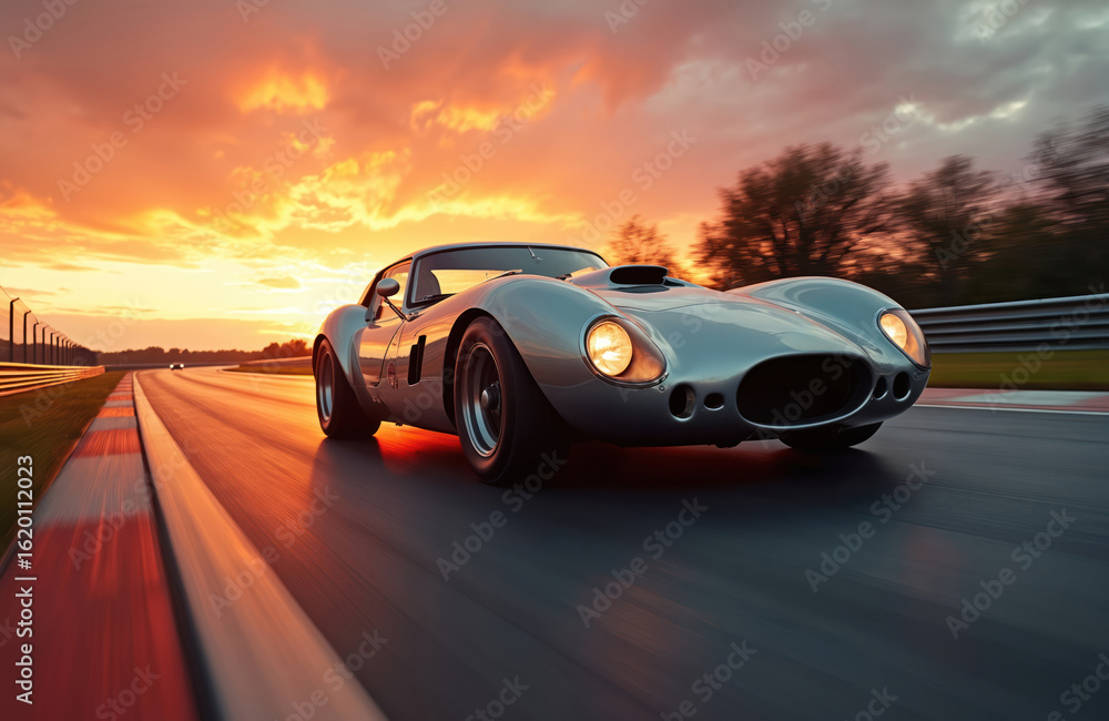 Fototapeta premium Vintage race car speeds on asphalt track during sunset, creating dramatic motion blur. Classic automobile embodies powerful dynamics, energy, and speed for motorsport enthusiasts.