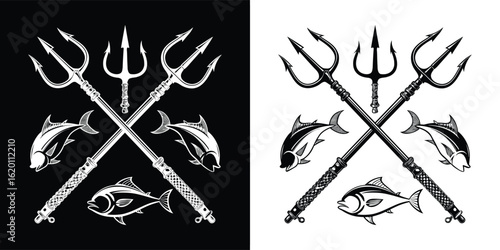 A vintagestyle illustration featuring crossed tridents and fish, symbolizing maritime power and the sea