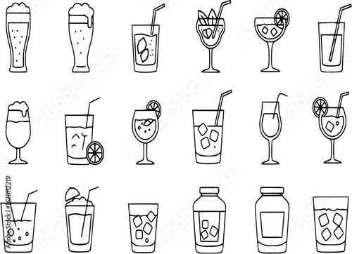 Alcoholic cocktails icons set. Simple outline cocktails icons isolated on white background. Set includes beer, mojito, whiskey. Icons set for restaurant, pub, bar. Vector illustration