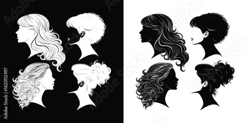 Collection of diverse female silhouettes with voluminous curly hairstyles, presented in both black and white contrast