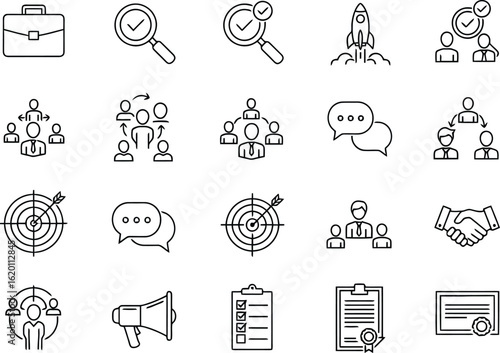 Business icons collection with briefcase and rocket. business, briefcase, rocket, launch, people, teamwork, communication, target, strategy, handshake, agreement, checklist, document, certificate, ico