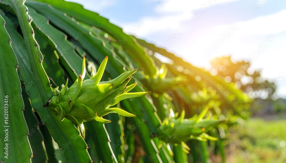 Obraz premium Dragon fruit plant growing with sunlight.