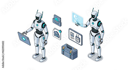 Isometric Robots Interacting with Holographic Data Interfaces and Icons