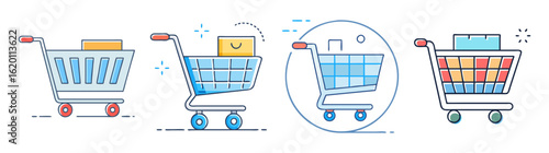 Colorful shopping carts in a variety of styles all ready for shopping