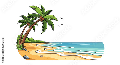 Tropical Beach Landscape with Palm Trees and Ocean Waves