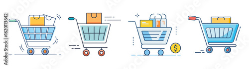 Four shopping carts in motion with shopping bags and money symbol