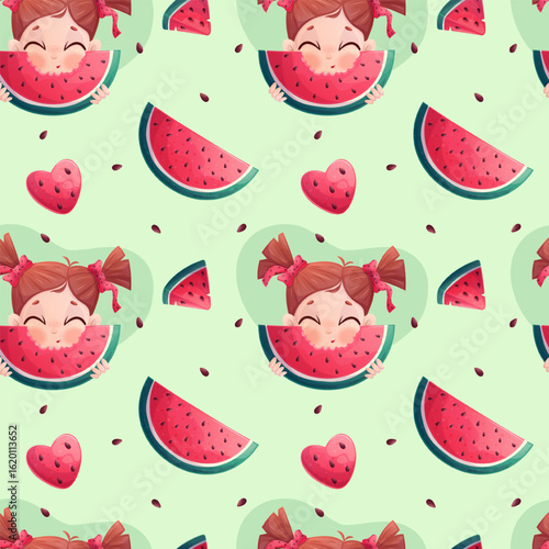 Seamless pattern with cute girl biting watermelon. The concept of summer, childhood. Vector illustration of the design of postcards, clothing, textiles, banners