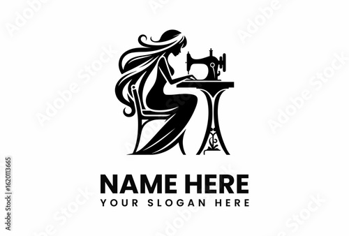 Elegant Silhouette of a Woman Sewing with Ornate Details.