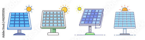 Cartoon illustration showing a variety of solar panels and sunlight shining