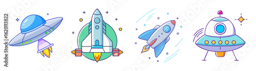 Cartoon illustration of four spacecraft or spaceships in a vector style format