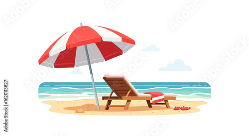 Relaxing Beach Scene with Striped Umbrella and Deck Chair