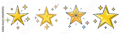 Collection of sparkling hand drawn cartoon style star icons on white background