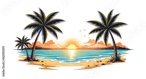Tropical Beach Sunset with Multiple Palm Trees and Ocean Reflection