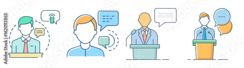 Icons of public speaking engagement featuring people speaking at a podium
