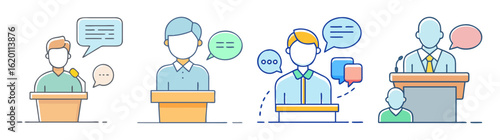 Various illustrations of anonymous speakers and speech bubbles on top of a podium