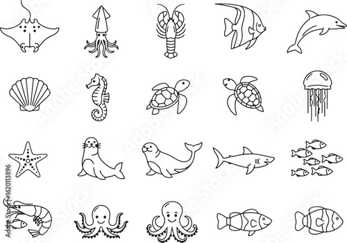 Marine life collection sea creatures ocean animals, marine life, sea creatures, ocean animals, illustration, drawing, black and white, seafood, fish, dolphin, shark, octopus, jellyfish, lobster, seaho