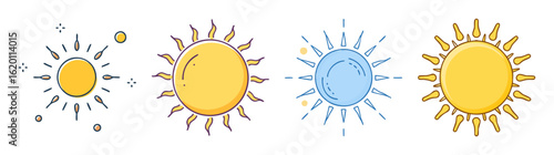Four stylized sun icons in a row depicting light and warmth