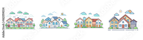 Cartoon Neighborhood Scene with Houses, Clouds, Trees, and a Sunny Sky