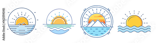 Four minimalist designs of sun and water scenes in circular arrangements